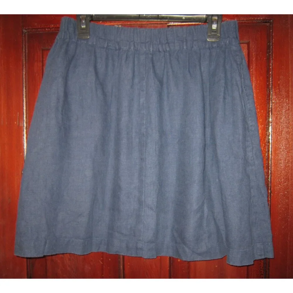 Linenfox Size L XL 100% Linen Skirt Short Knee Length Blue Elastic Waist Pockets - Picture 2 of 3